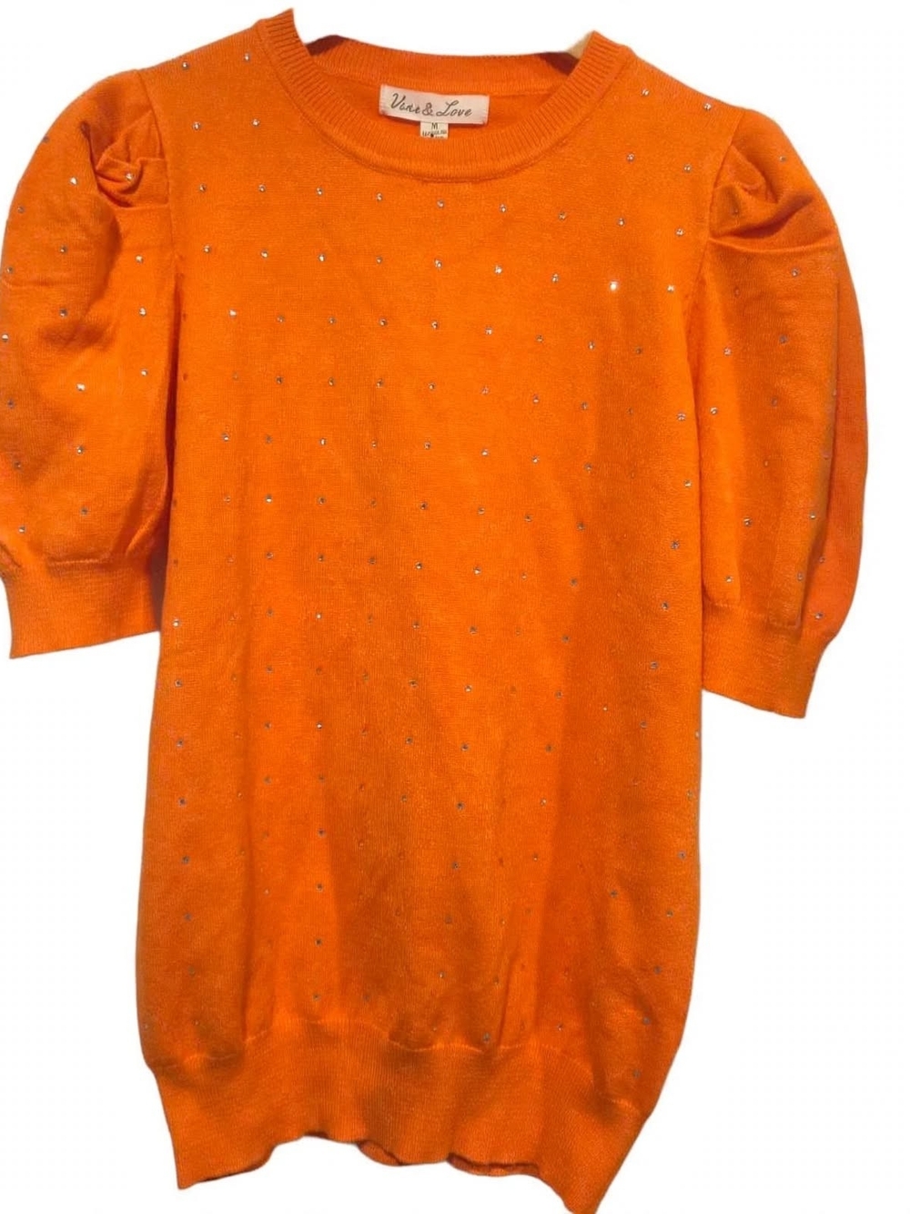 Vine & Love Orange Rhinestone Sweater Size M Puff Sleeve NWT Sparkle.